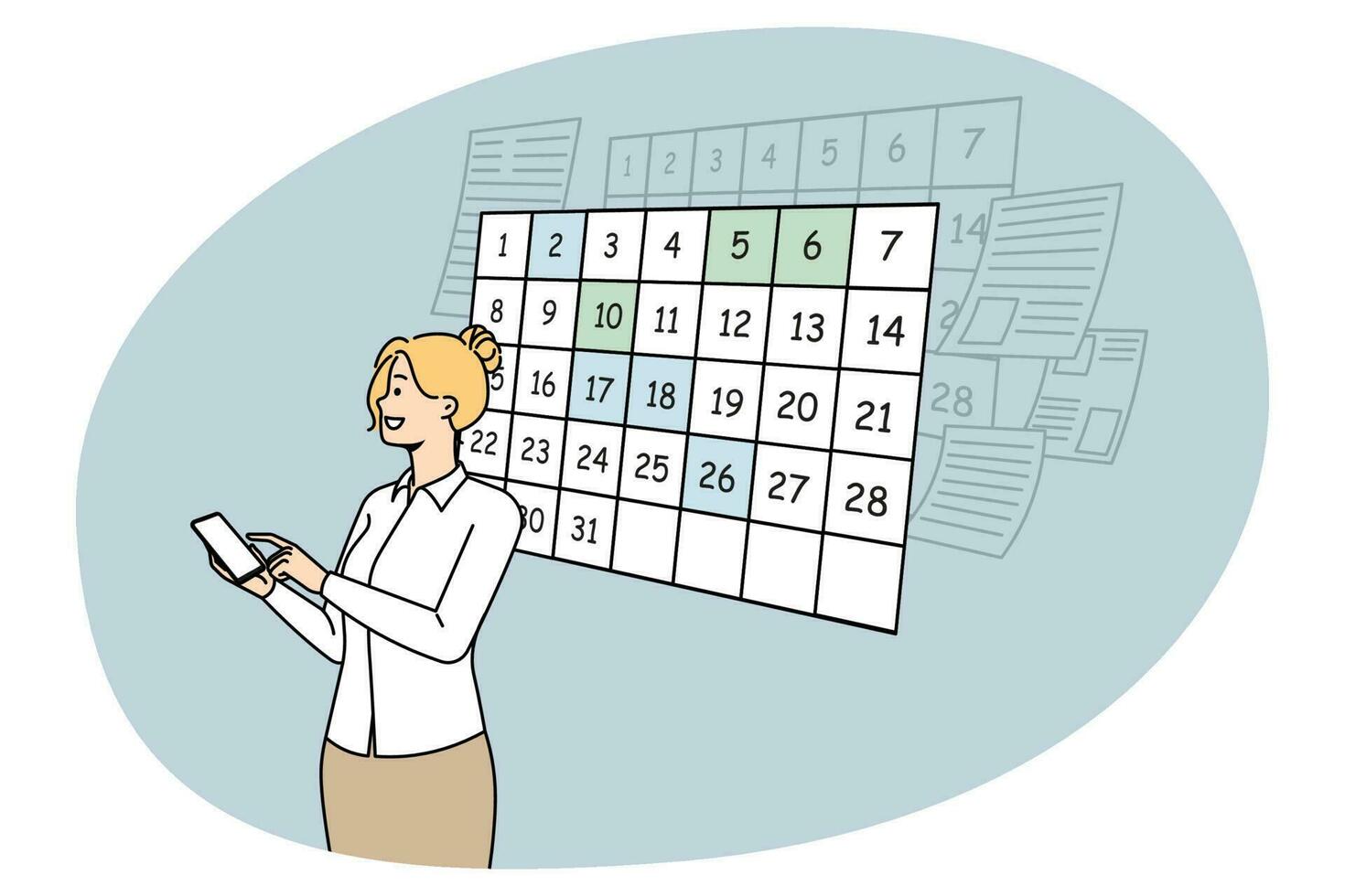 Geschäftsfrau planen Tag mit Handy App Kalender vektor