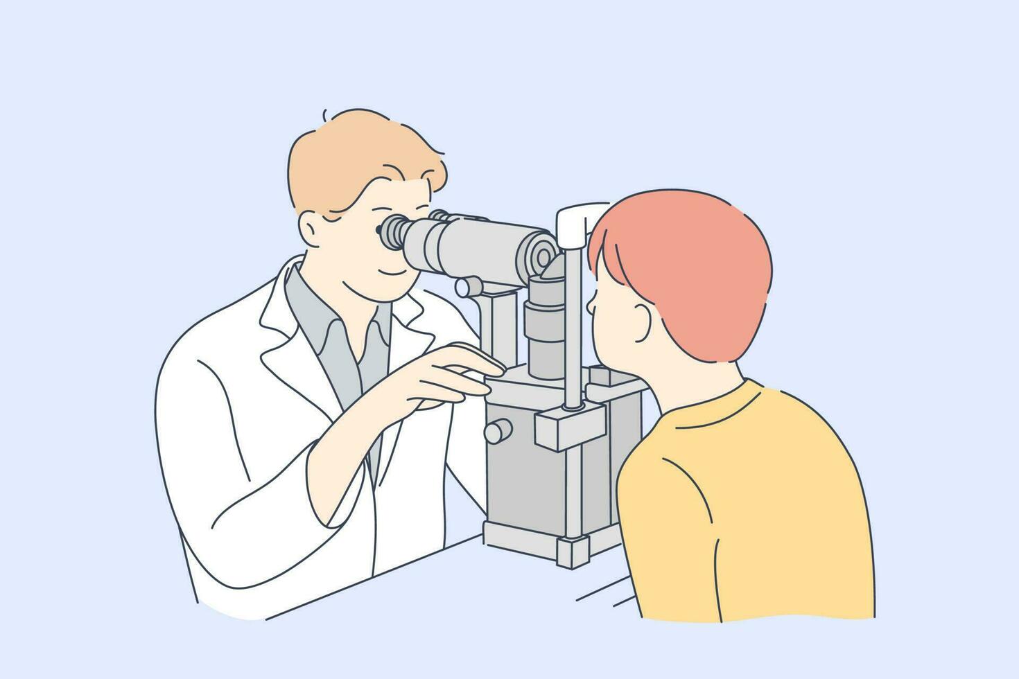 oftalmologi, medicin, undersökning begrepp. ung man läkare optiker eller ögonläkare tecknad serie karaktär kontroll pojke barn unge syn skärpa eller ögongrund i labb. sjukvård och medicinsk hjälp illustration. vektor