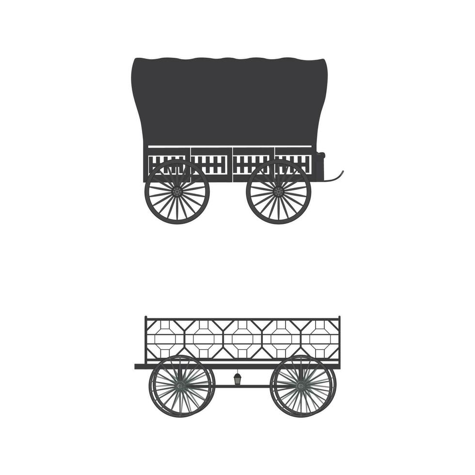 silhuett vagn täckt med trasa, stridsvagn vild Västra stil, transport antik, årgång transport, vagn för reser isolerat på vit bakgrund, vektor illustration