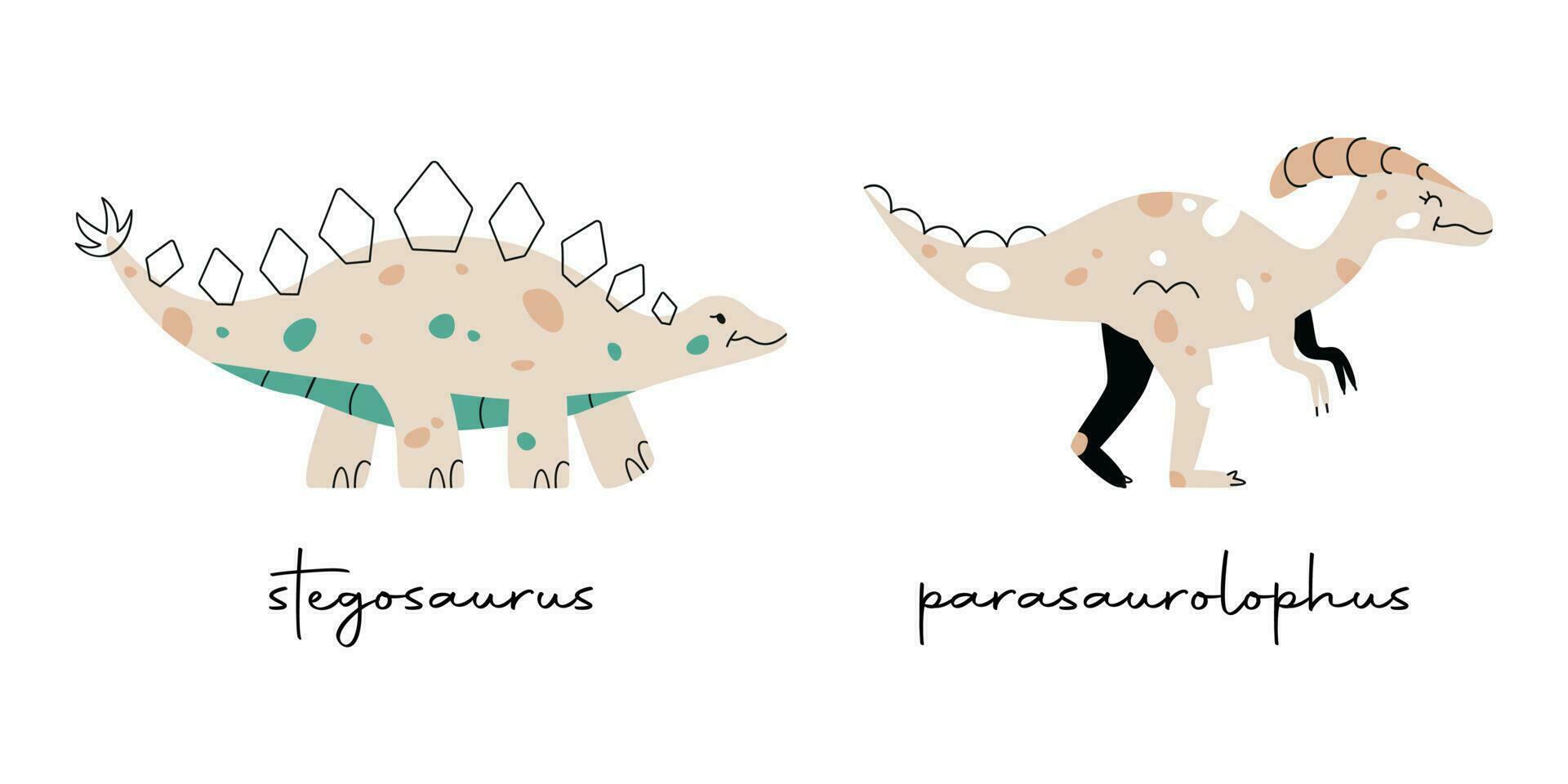 platt hand dragen vektor illustrationer av dinosaurier stegosaurus och parasaurolophus