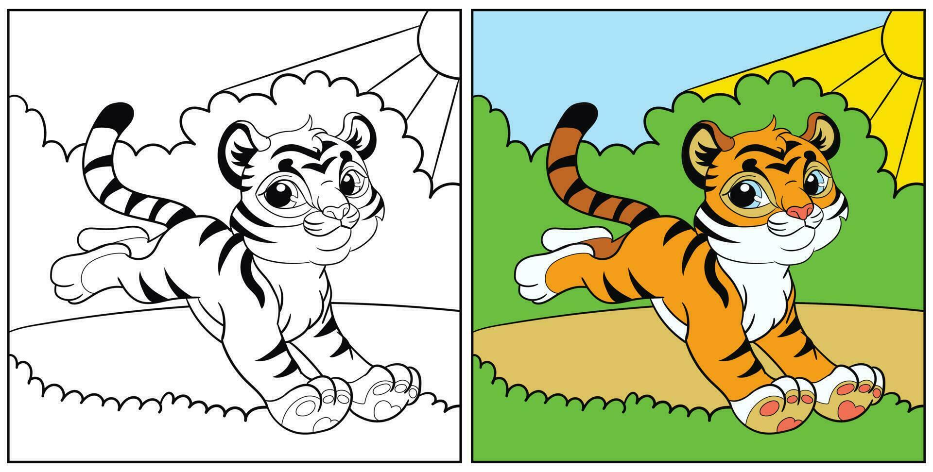 Färbung zum Kinder süß Laufen Tiger Jungtier Vektor Illustration