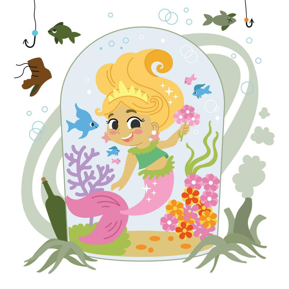 süß Karikatur Meerjungfrau im schmutzig Wasser Vektor Illustration
