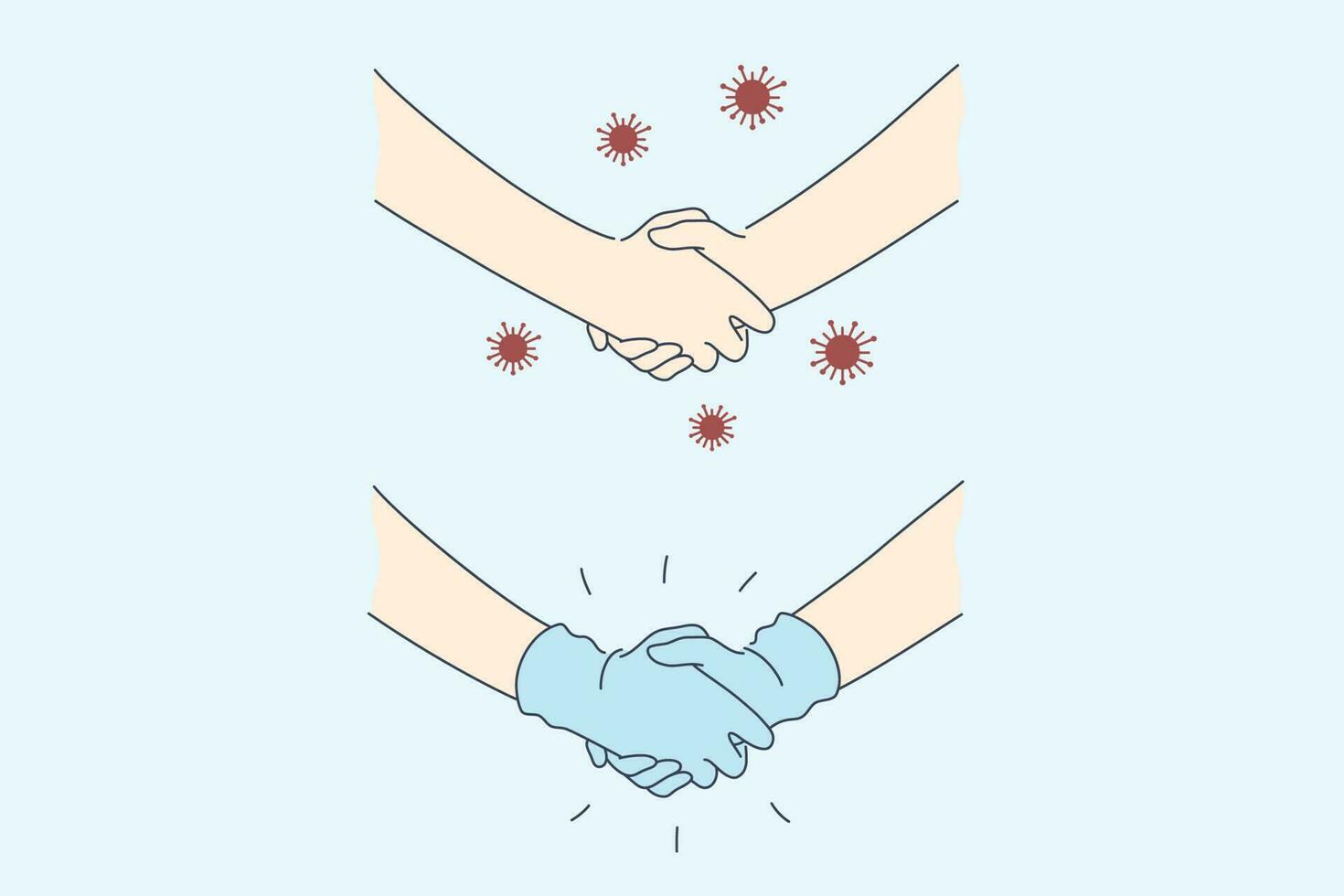 handskakning, skydd, Kontakt, covid19, coronavirus, infektion uppsättning begrepp. mänsklig händer skakning med medicinsk handskar och utan. förebyggande hygien skyddande åtgärder från 2019-nCoV illustration. vektor
