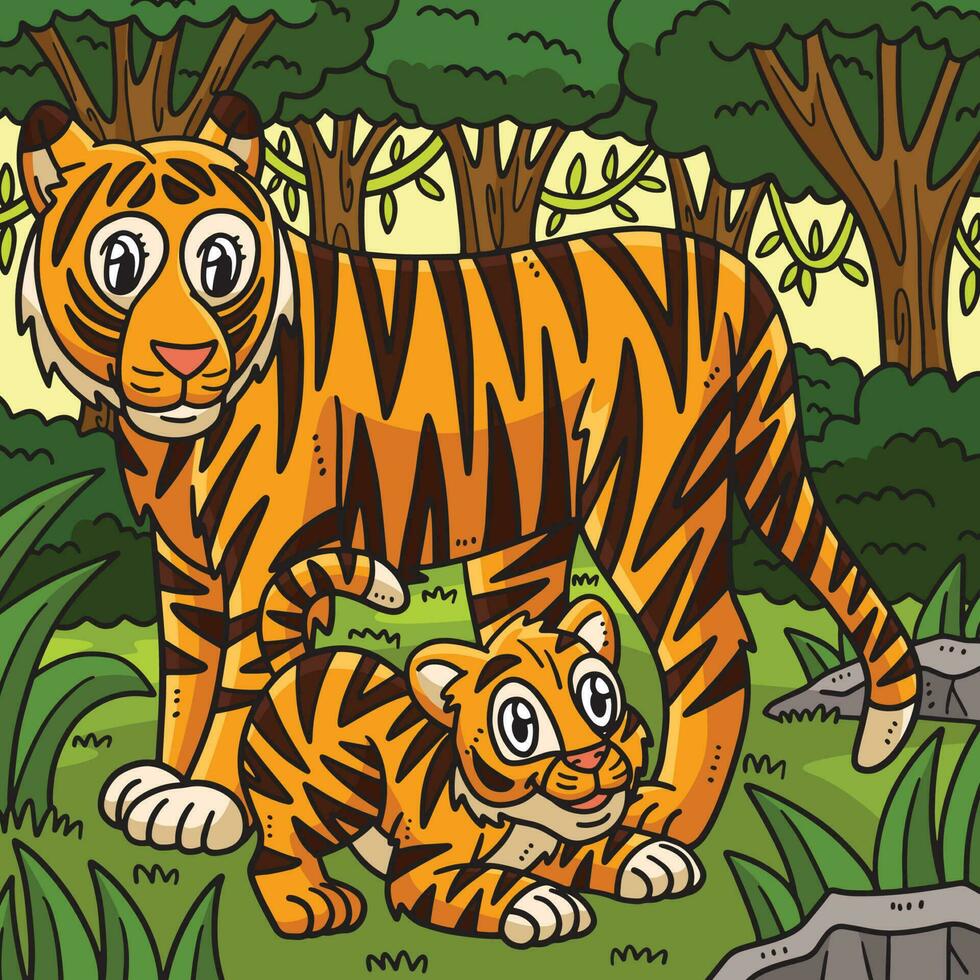 Mutter Tiger und Jungtier farbig Karikatur Illustration vektor