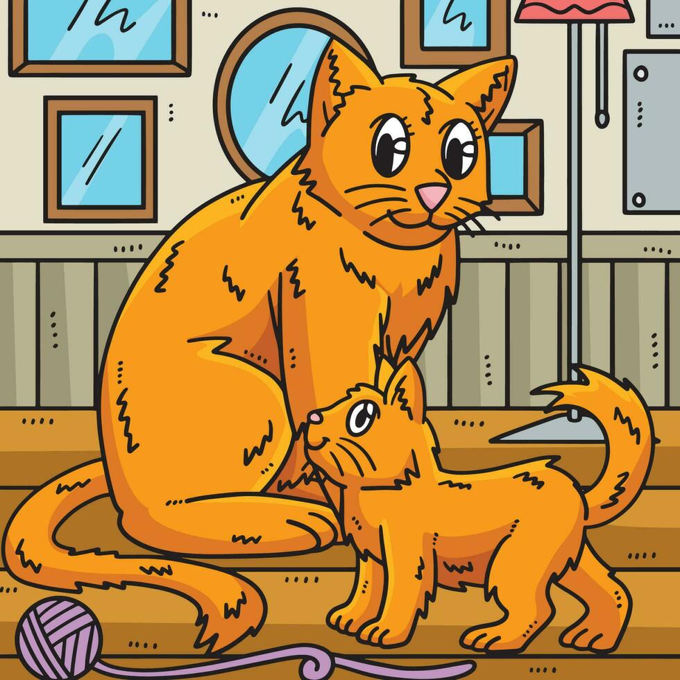 mor katt och kattunge färgad tecknad serie illustration vektor
