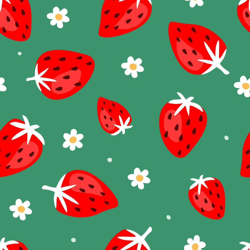 sömlös mönster med abstrakt jordgubbar och blommor. sommar naturlig bär skriva ut. vektor grafik.