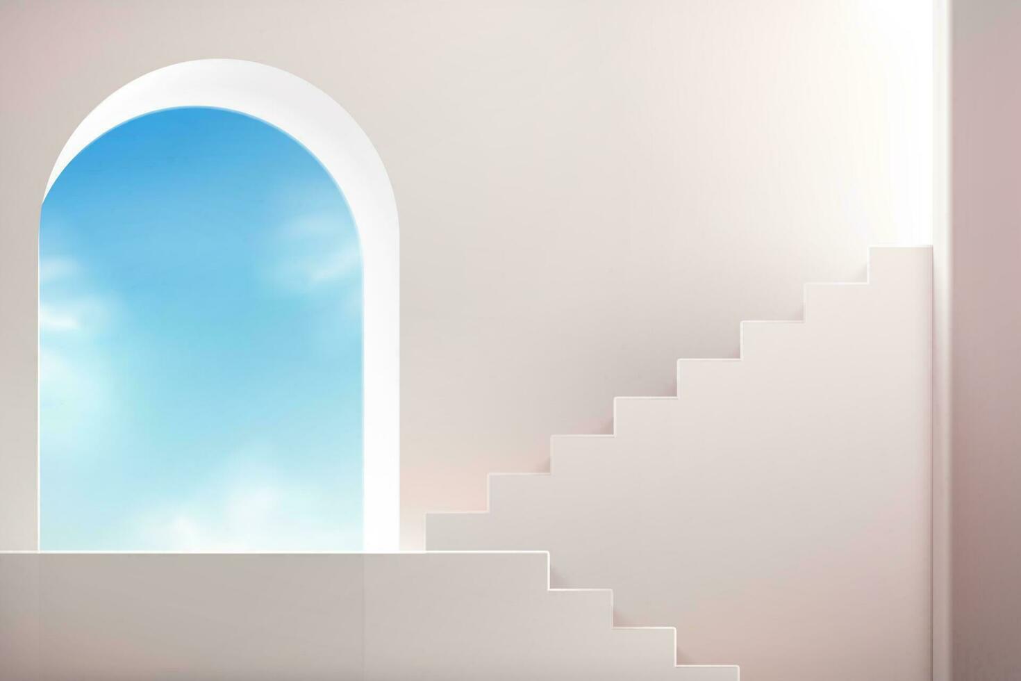 Weiß Treppe mit Bogen Mauer und Himmel. leeren Podium zum Produkt Vitrine im 3d Illustration. vektor