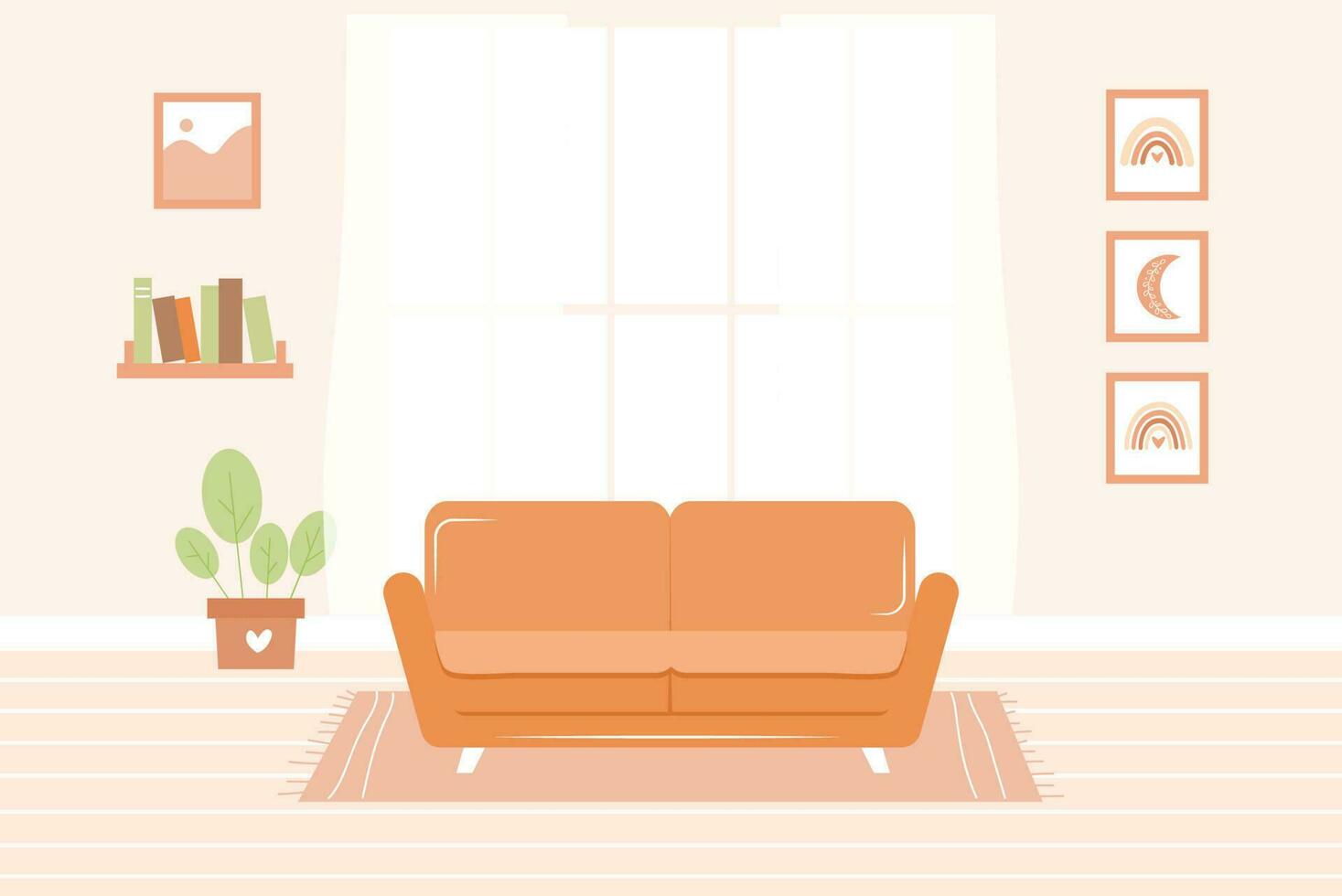 söt levande rum interiör - soffa på matta, Hem växt, målningar, bokhylla och fönster med gardiner. vektor illustration i platt tecknad serie stil