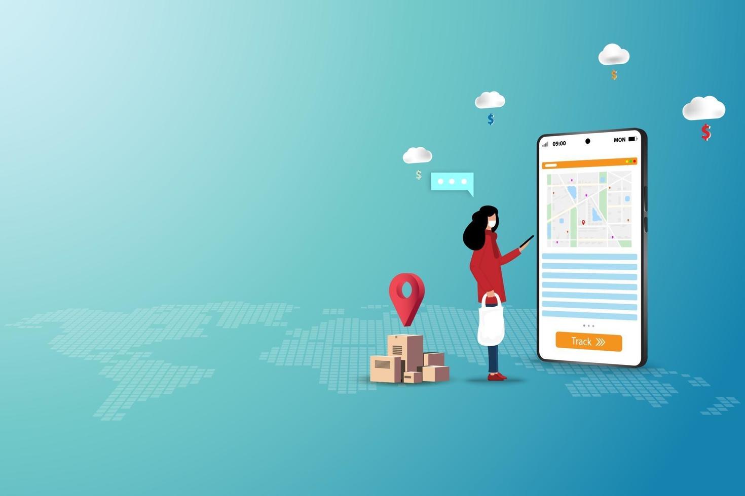 begreppet leveransspårning, ung kvinna bär en ansiktsmask och håller en smartphone vektor