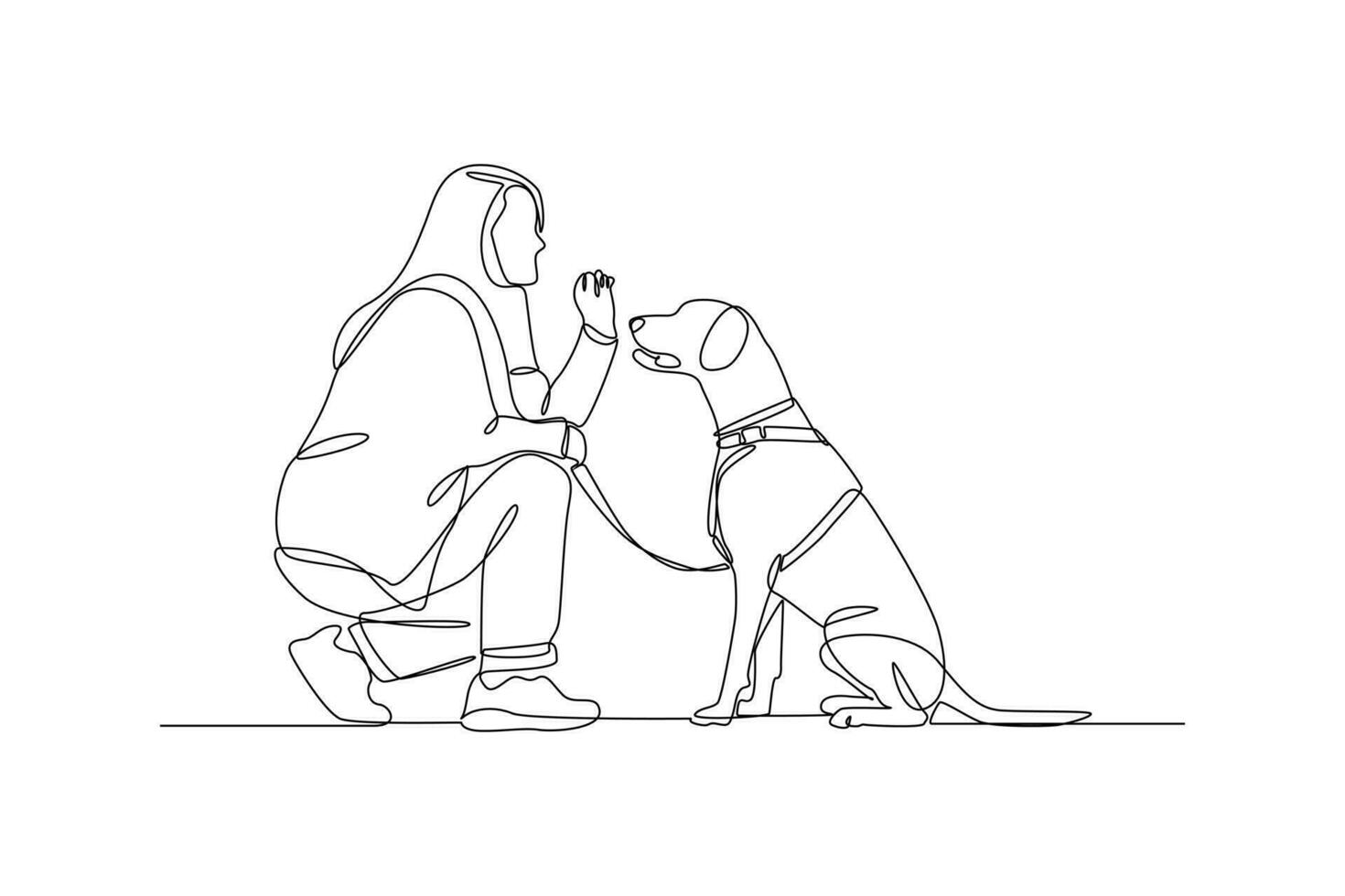 Single eine Linie Zeichnung ein Frau spielen mit ihr Haustier. städtisch Haustier Konzept. kontinuierlich Linie zeichnen Design Grafik Vektor Illustration.