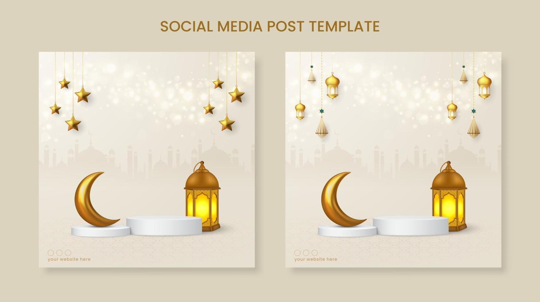 Ramadan oder Eid Mubarak quadratische Banner Vorlage mit hängenden Ornamenten und Podium vektor