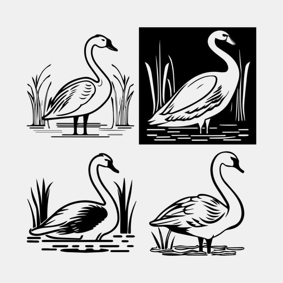 uppsättning av svart silhuett svan största flygande fågel simma på vatten tecknad serie djur- design platt vektor illustration isolerat på vit bakgrund