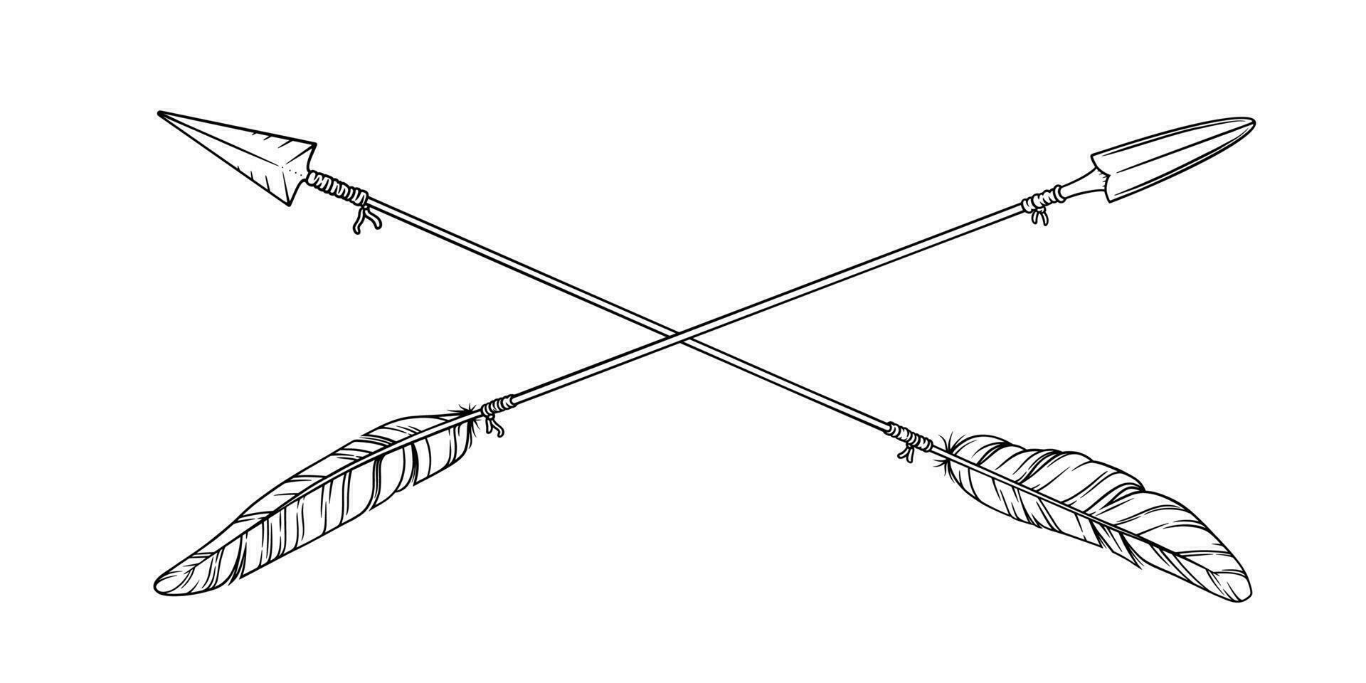 Pfeil mit Stammes- Gefieder. dekorativ Boho indisch Pfeilspitzen und Gefieder. einheimisch aztekisch oder Hipster tätowieren skizzieren vektor
