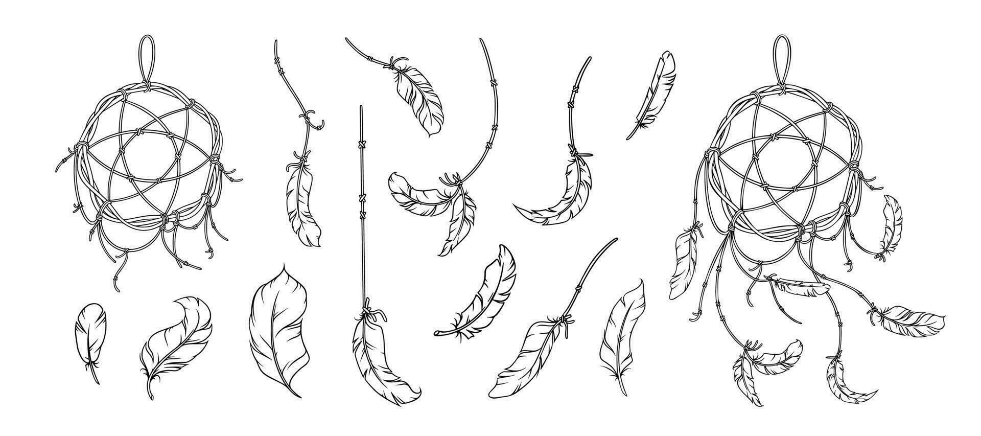 drömfångare och fjädrar skiss. inföding amerikan dekor med fjädrar och dröm fångare. vektor illustration