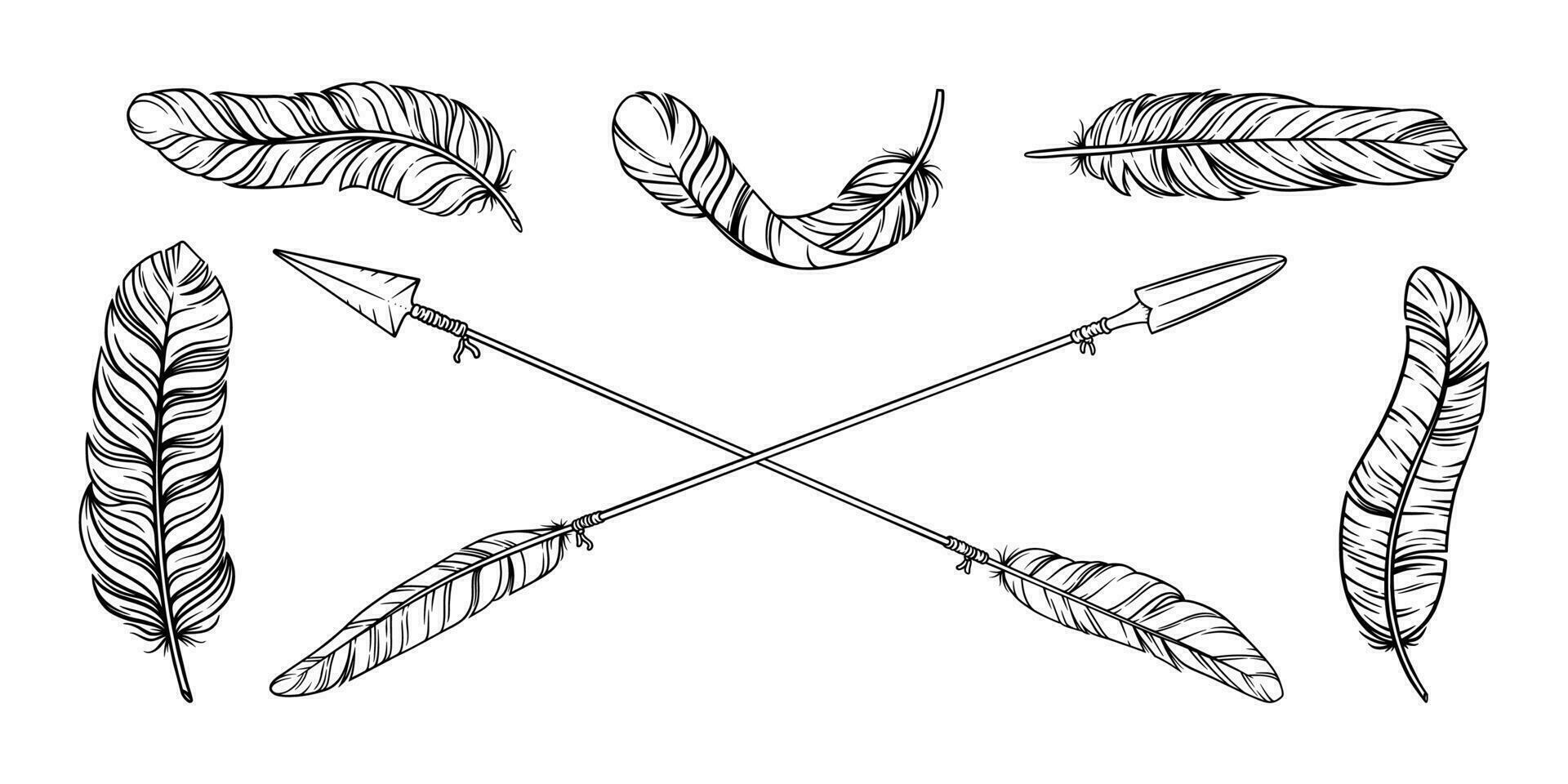 Pfeil mit Stammes- Gefieder. dekorativ Boho indisch Pfeilspitzen und Gefieder. einheimisch aztekisch oder Hipster tätowieren skizzieren vektor