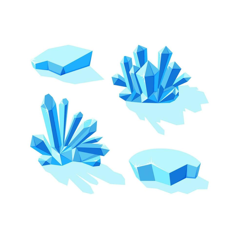 is kristaller och isberg isolerat i vit bakgrund. uppsättning av druses och separat kristaller tillverkad av blå mineral. vinter- landskap element. vektor illustration