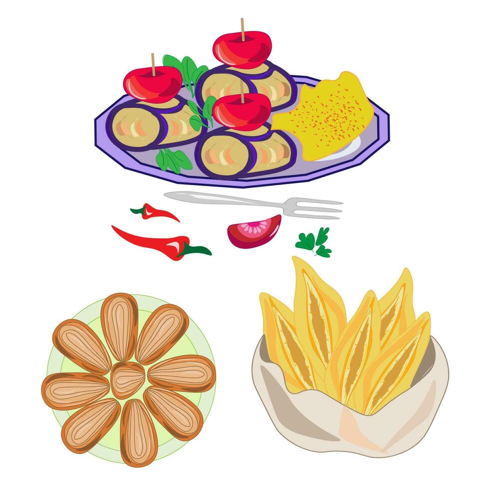 nationell mat bakning meny maträtt kök restaurang uppsättning meny utsökt maträtter traditionell eller nationell mat i platt tecknad serie hand dragen mall illustration. vektor
