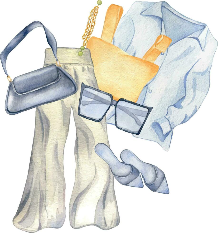 sammansättning av skjorta, byxor, handväska, skor, bijou, topp vattenfärg illustration isolerat på vit. kvinnas sommar utrusta hand ritade. design för affär, försäljning, tidskrift, förpackning, monter, mönster vektor