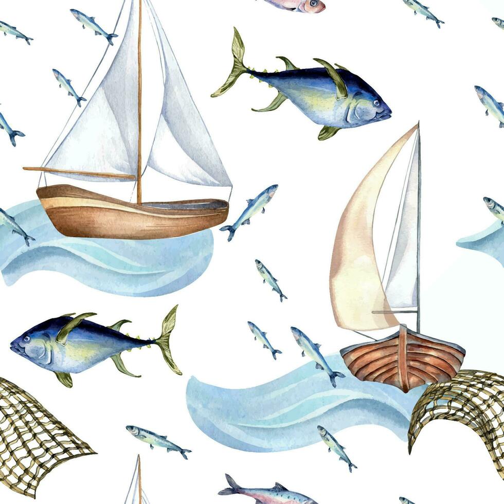 nahtlos Muster von Meer Fisch und segeln Boot Aquarell Illustration isoliert auf Weiß. Angeln Boot, Meer Welle und Thunfisch, Hand gezeichnet. Design Element zum Textil, Verpackung, Verpackung, Hintergrund, Markt vektor