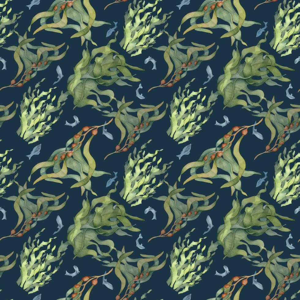 sömlös mönster av färgrik hav växter vattenfärg illustration isolerat på svart. laminaria, kelp, ört sjögräs hand ritade. design för bakgrund, textil, förpackning, omslag, marin samling vektor