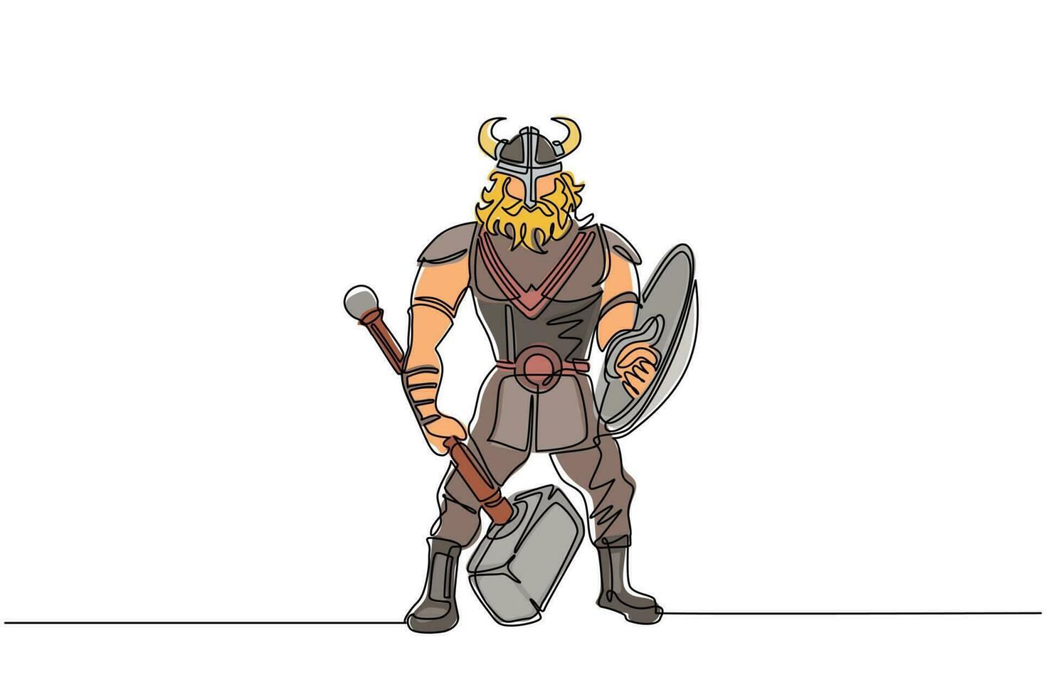 einzelne einstrichzeichnung mann krieger wikinger in gehörntem helm mit hammer und schild. zeichentrickfigur männlich mit waffe, die in kriegerischer pose steht. ununterbrochene Linie zeichnen Design-Vektor-Illustration vektor