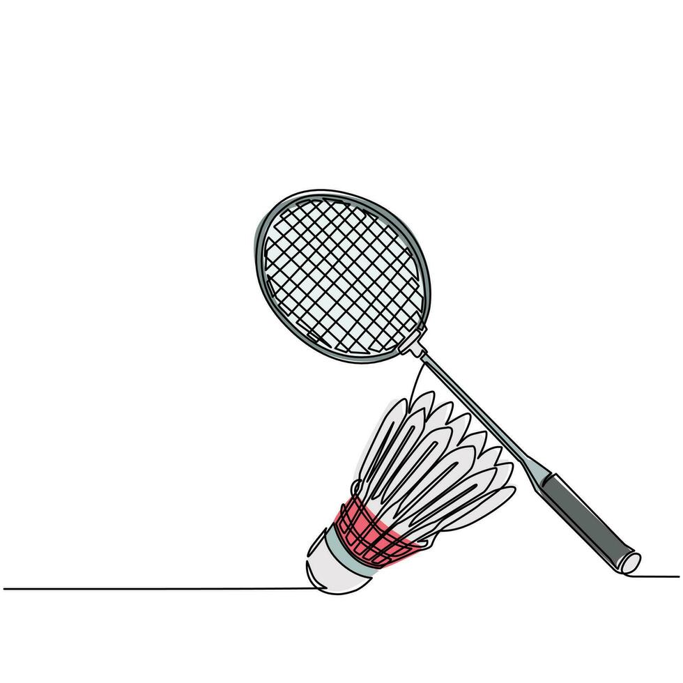 kontinuerlig en rad ritning badmintonracket och vit fjäderboll. utrustning för badmintonspel sport isolerad på bakgrund i platt design. racket och fjäderboll. enda rad rita design vektor