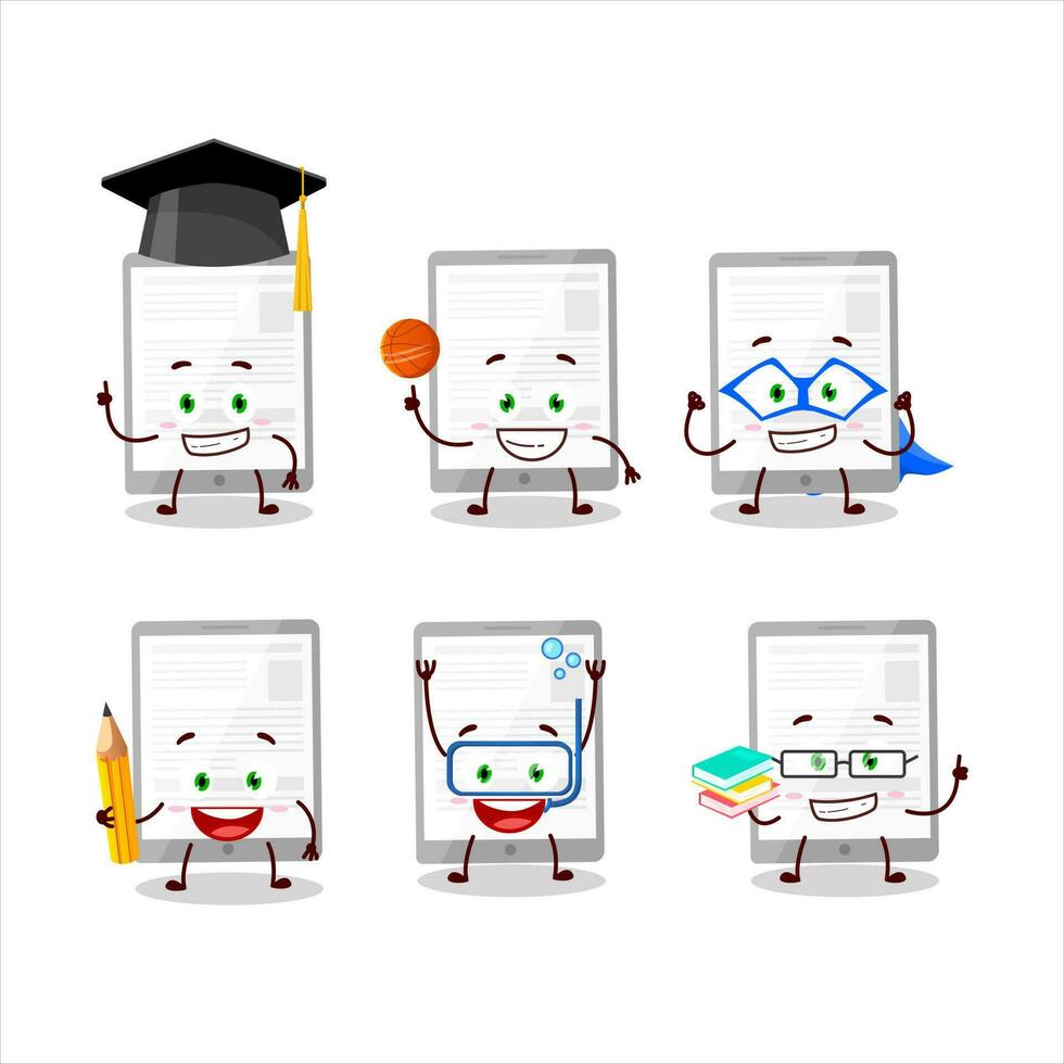 Schule Schüler von Nachrichten im Tablette Karikatur Charakter mit verschiedene Ausdrücke vektor