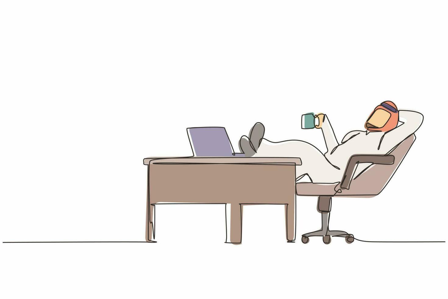 einzelne durchgehende strichzeichnung arabischer geschäftsmann arbeitet entspannt am schreibtisch und trinkt kaffee. flaches design des mitarbeitercharakters, der mit laptop-computer arbeitet. eine linie zeichnen grafische vektorillustration vektor