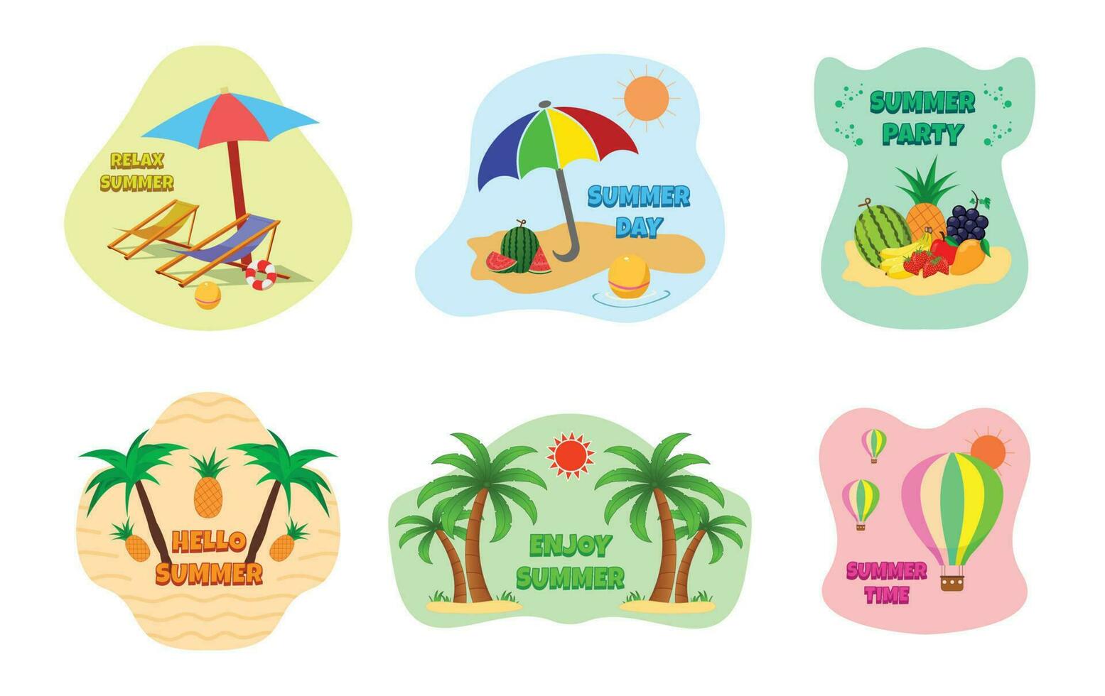 Vektor Illustration von Sommer- Jahreszeit, Sommer- Urlaub, reisen, Strand, Regenschirm, Ballon, Palme Baum, Urlaub, Sonne.