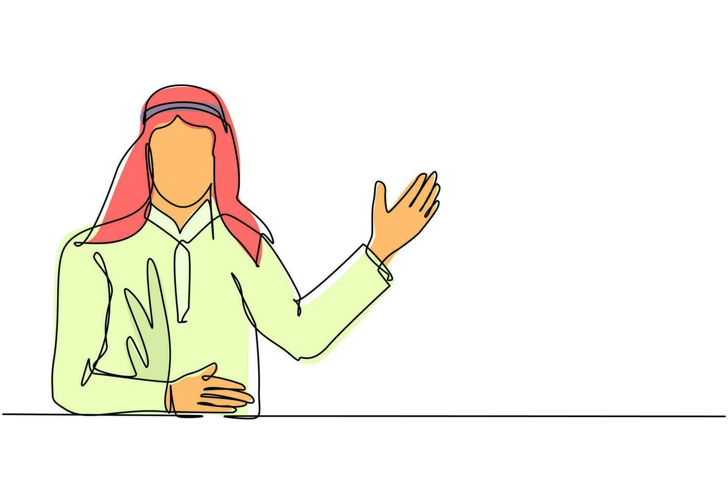 einzelne durchgehende strichzeichnung arabischer mann in traditioneller kleidung, der etwas präsentiert. junger geschäftsmann, der etwas zeigt oder projekt vorstellt. eine linie zeichnen grafikdesign-vektorillustration vektor