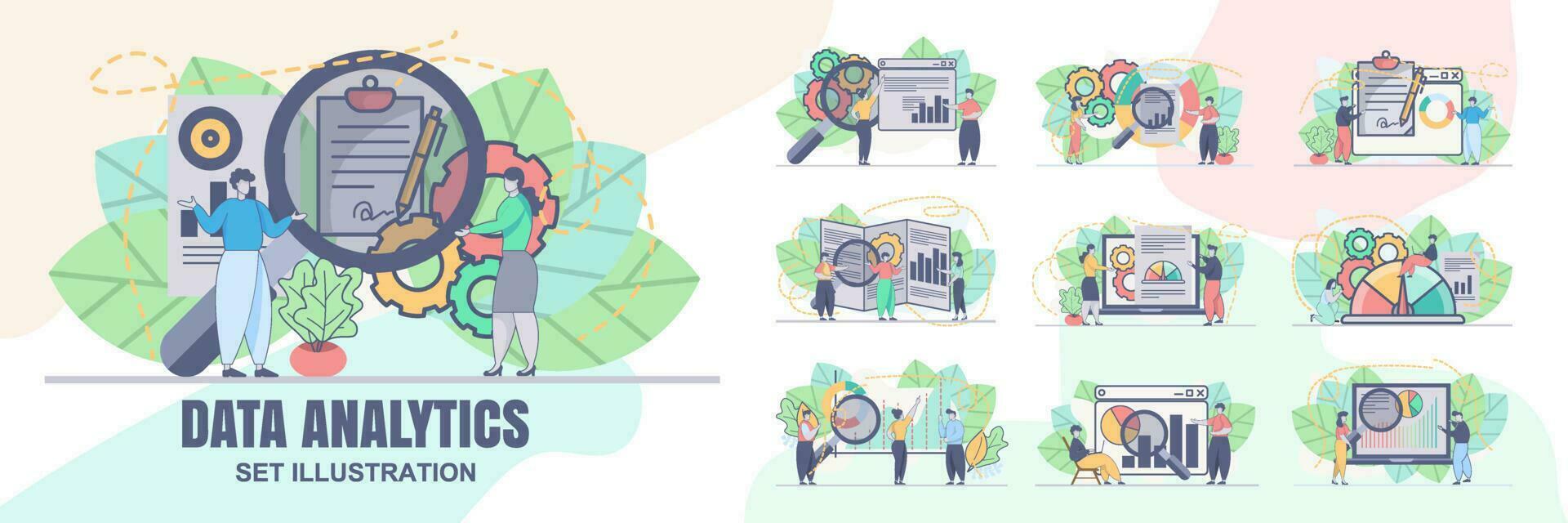 einstellen Vektor Design statistisch und Daten Analyse zum Geschäft Finanzen Investition Konzept mit Geschäft Menschen Mannschaft Arbeiten. finanziell Daten Analyse Illustration.