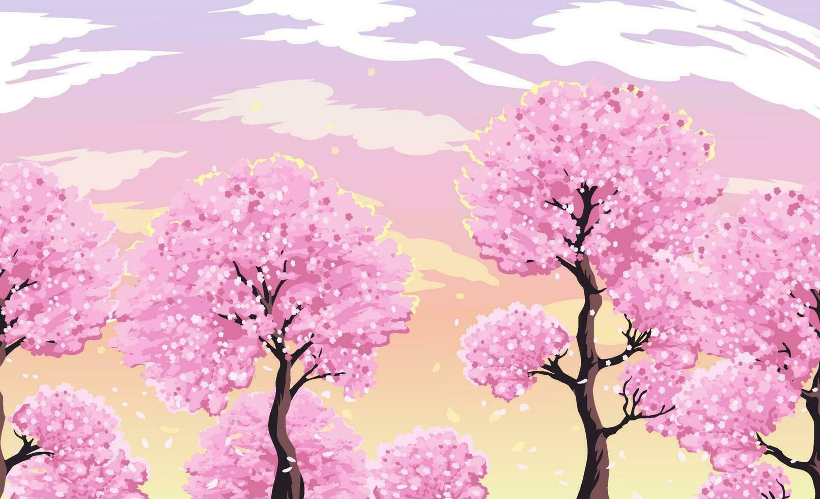 blomning sakura träd mot de kväll rosa himmel med moln. vektor