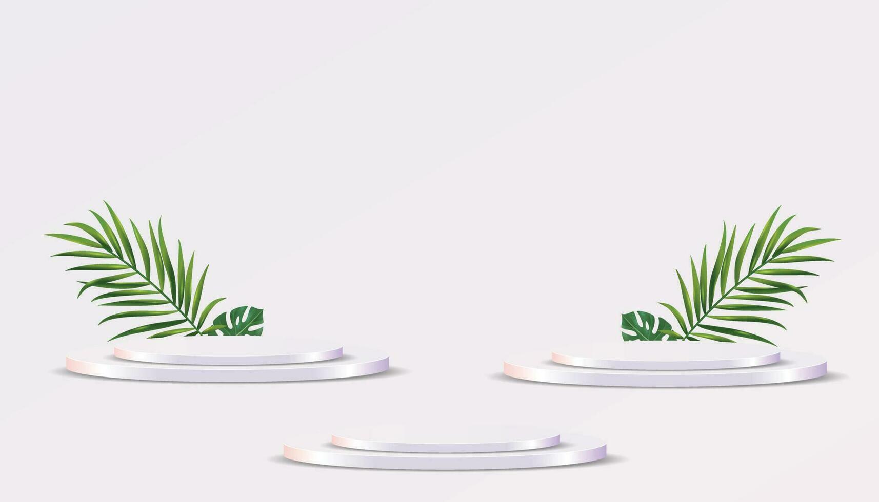 realistisch 3d Sockel Über sonnig Hintergrund mit Palme Blätter. modisch leeren Podium Anzeige zum Anzeigen kosmetisch Produkt Präsentation, Mode Zeitschrift vektor