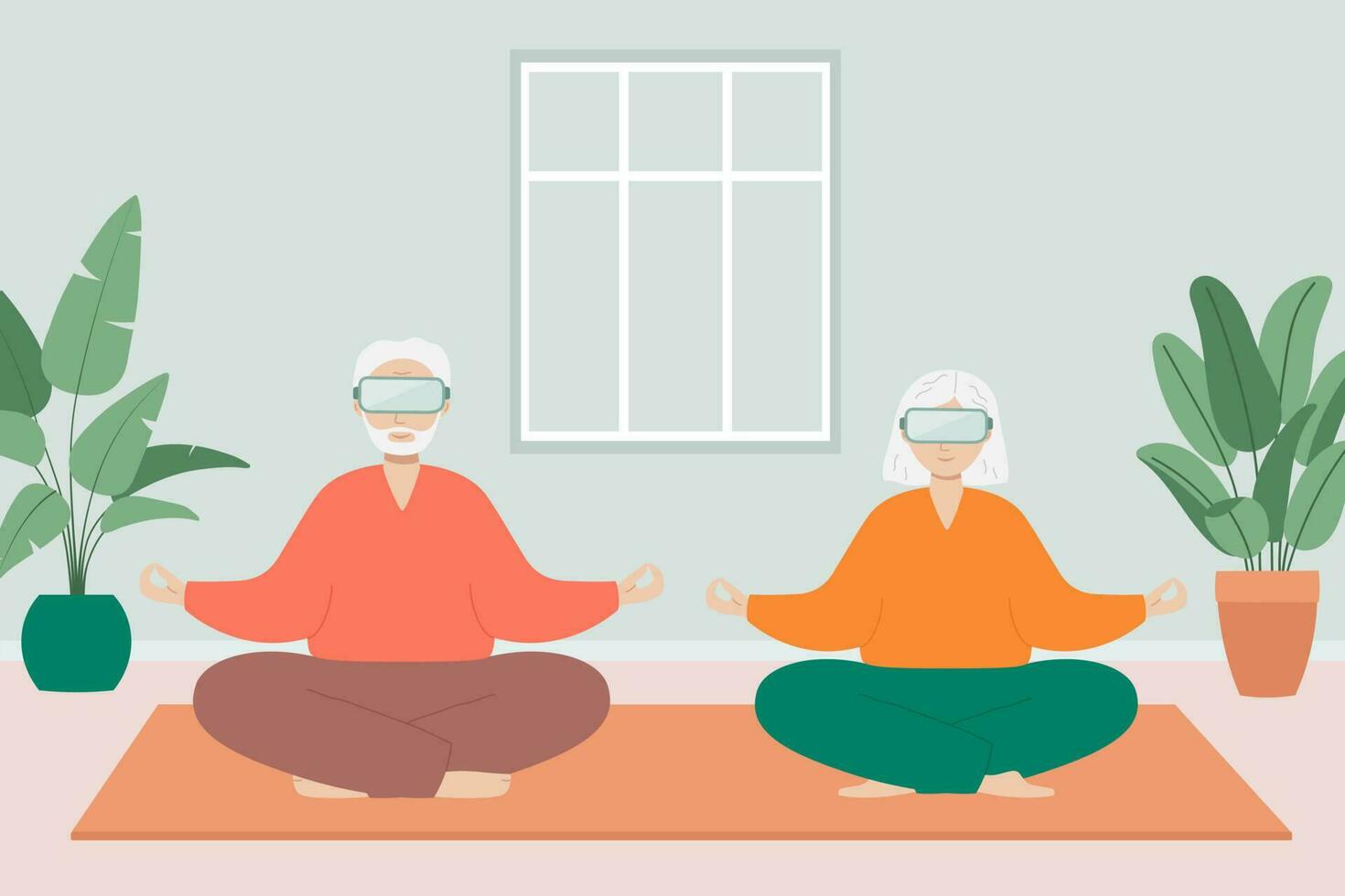 Senior Mann und Frau sitzen mit gekreuzten Beinen und meditieren tragen vr Brille. alt Mann und Frau machen Morgen Yoga oder Atmung Übungen beim heim. Vektor Illustration