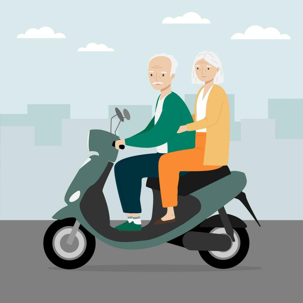 senior man och kvinna reser på modern motor skoter. gammal man och kvinna ridning elektrisk skoter i de stad. vektor illustration