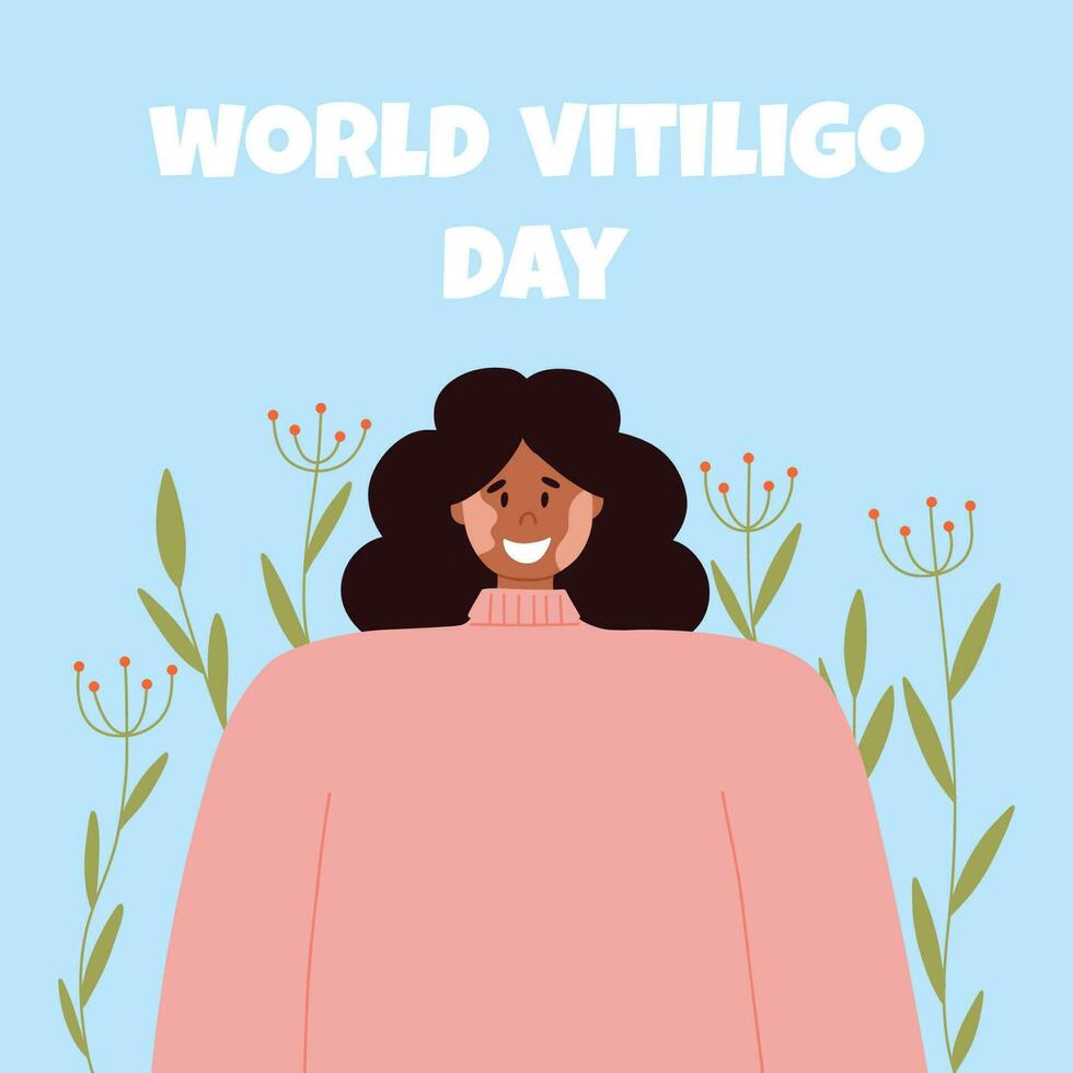 ein Frau mit Vitiligo Haut Krankheit akzeptiert ihr Aussehen, liebt Sie selber. Welt Vitiligo Tag. Vektor Illustration. Poster mit ein glücklich Mädchen mit Vitiligo.