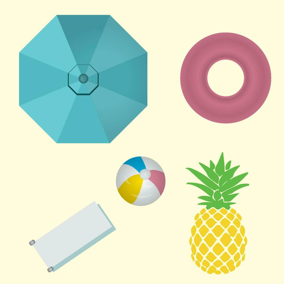 Vektor Schwimmbad Zubehörteil Set-Regenschirm, Schwimmbad Krapfen, Strand Ball, Tauchen Planke, und Ananas Symbol