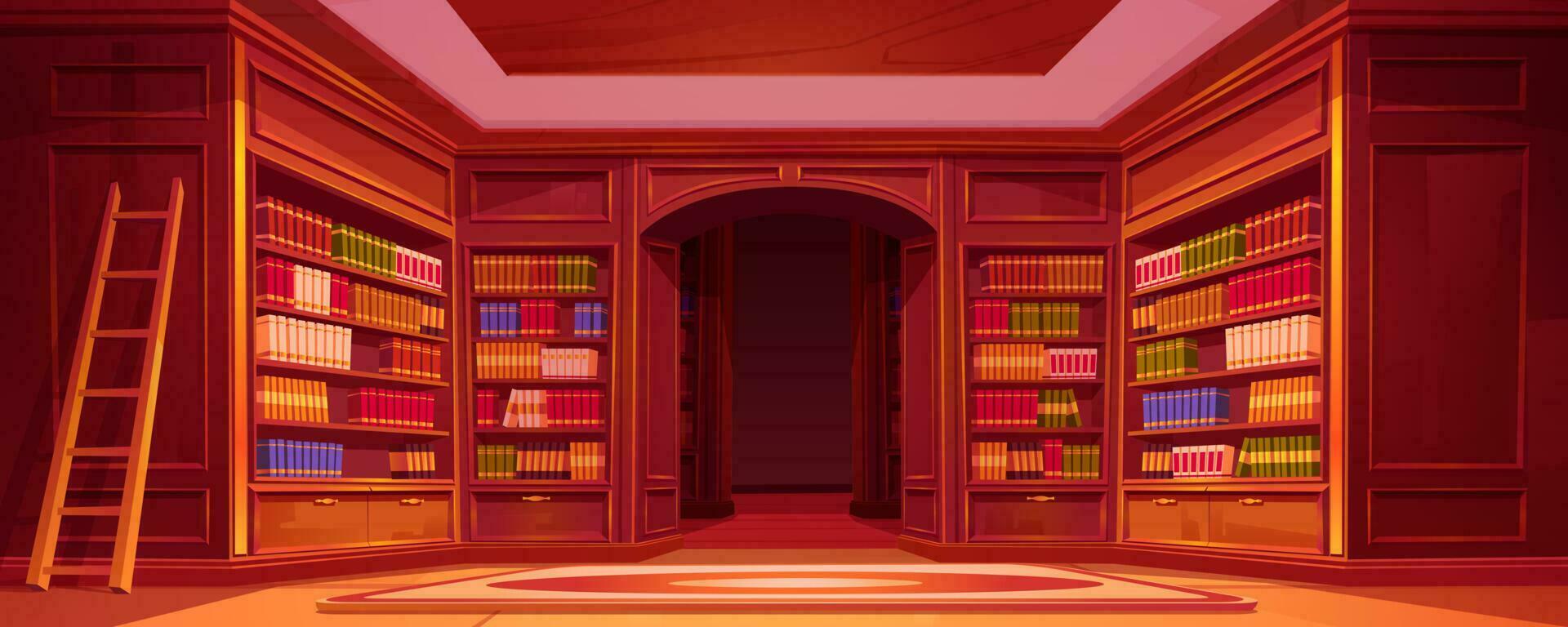 tecknad serie bibliotek interiör med bokhylla bakgrund vektor