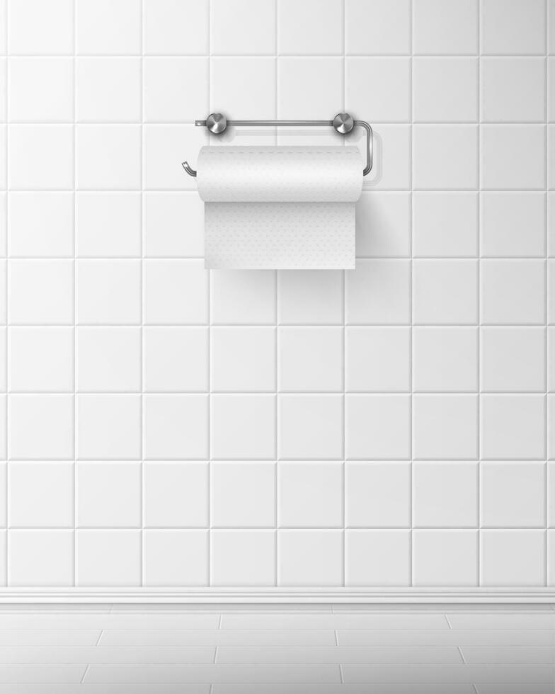 Toilette Papier auf Metall Halter hängen auf gefliest Mauer vektor