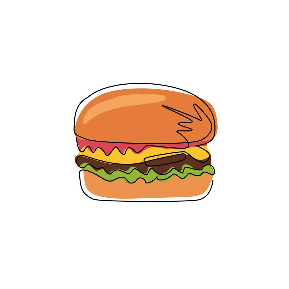 einzelne einzeilige zeichnung hamburger symbol. klassischer burger amerikanischer cheeseburger mit salat tomate zwiebel käse rindfleisch und sauce. Fastfood. moderne grafische vektorillustration des ununterbrochenen zeichnendesigns vektor