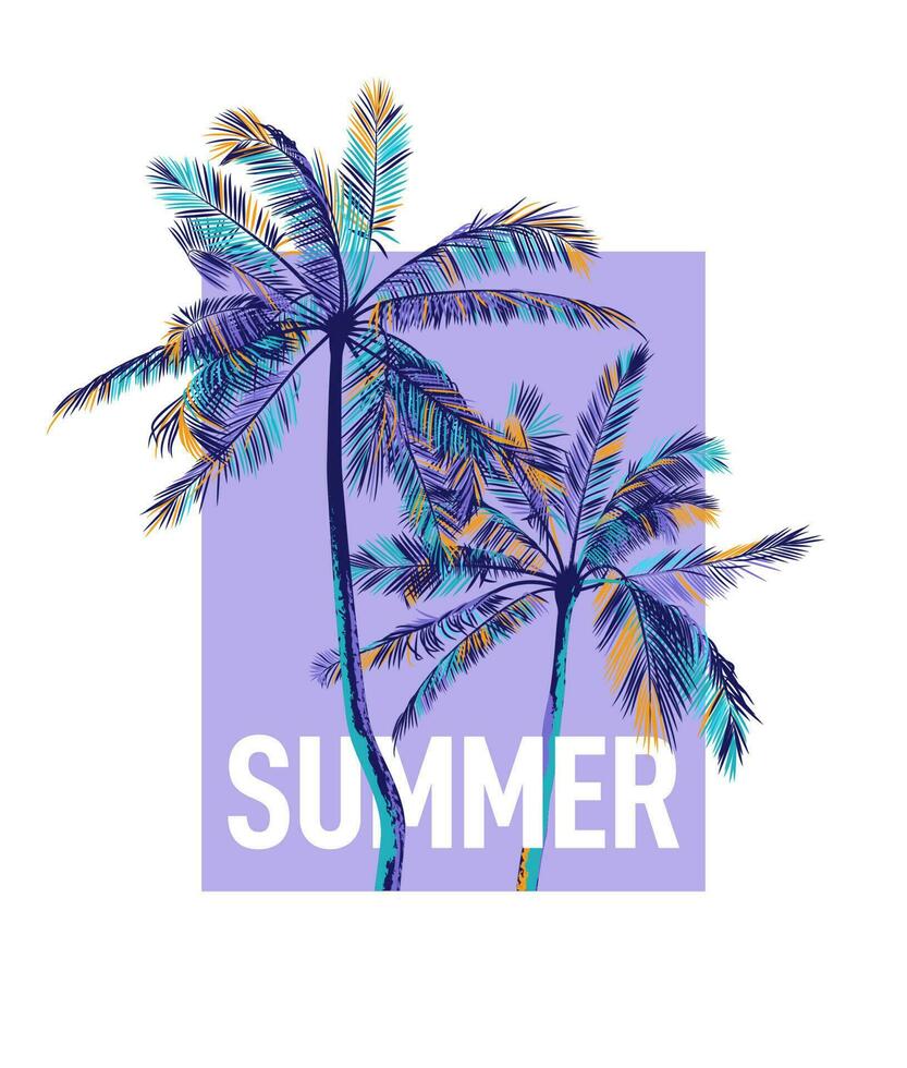 bunte palmen mit typografie sommer auf lila hintergrund. vektorvorlage zum bedrucken von hemden, covern, postkarten. illustration für kleidung, bekleidung, druckerei vektor