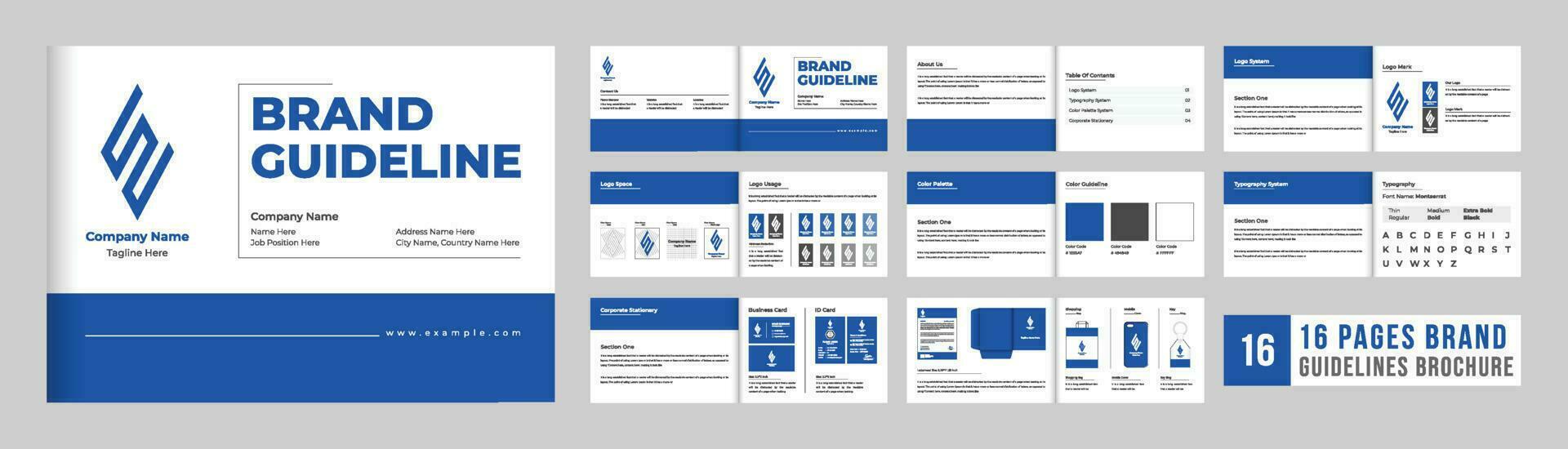 Unternehmen Design Richtlinie Heft Vorlage Vektor mit Blau und dunkel Farben. korporativ Design Handbuch und Farbe Palette Vektor zum Orientierungshilfe. Marke Identität Handbuch Zeitschrift Layout Vektor.