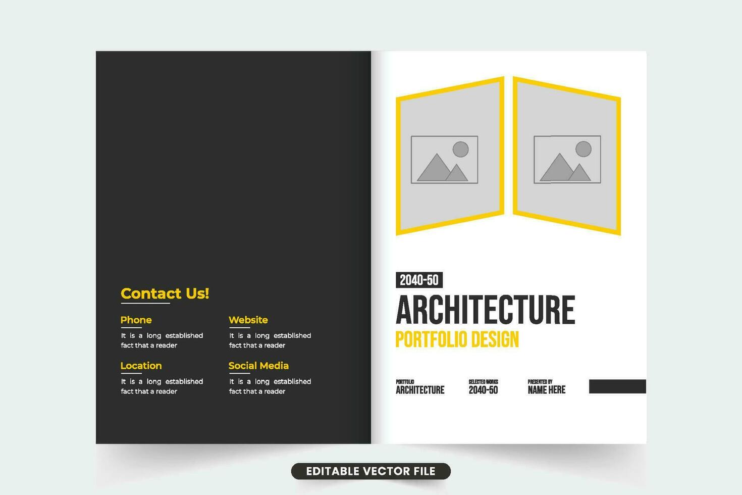 kreativ arkitektur och verklig egendom företag portfölj design med Foto platshållare. verklig egendom företag PR broschyr omslag. arkitektur profil omslag vektor med gul och mörk färger.