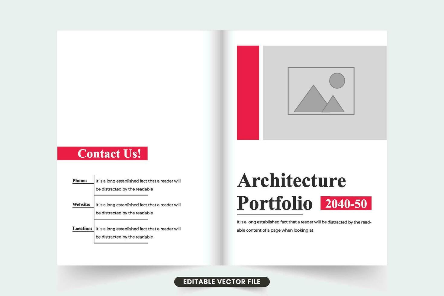 modern arkitektur profil omslag mall med röd och mörk färger. kreativ verklig egendom företag PR broschyr omslag med Foto platshållare. arkitektur service tidskrift omslag design. vektor