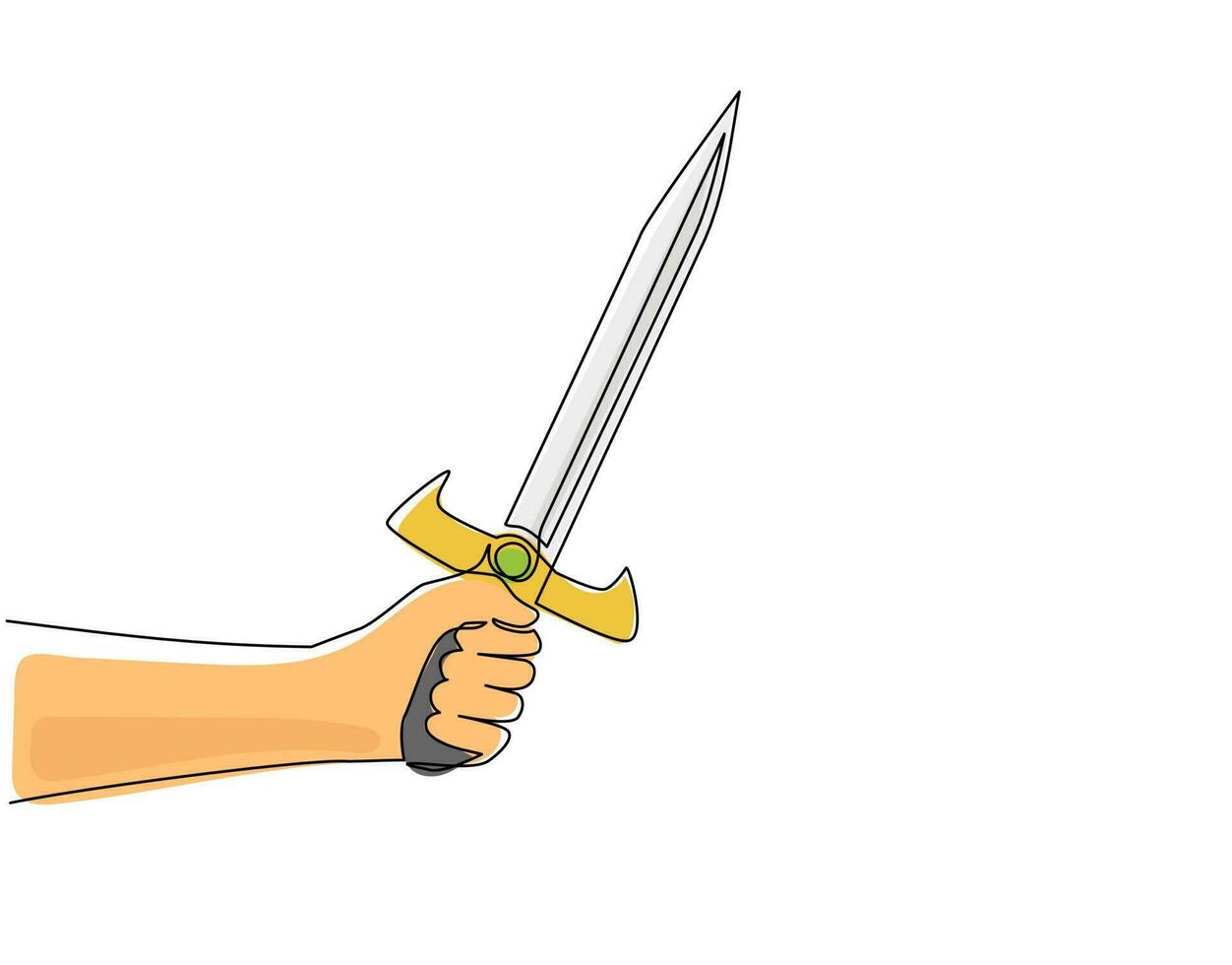 einzelne durchgehende strichzeichnung mann hand halten schwert krieger. Hand des Kriegers mit Schwert. Design der Kriegerhand, die ein mittelalterliches scharfes Schwert hält. dynamische einzeilige abgehobene betragsgrafikdesign-vektorillustration vektor