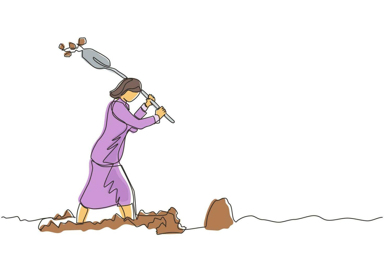 kontinuierliche einzeilige zeichnung geschäftsfrau, die mit schaufel im schmutz gräbt. Frau im Blazer gräbt Boden mit Spaten. schatzsuche, wachstumsvermögenskonzept glückliche reiche frau. einzeiliger Entwurfsvektor vektor