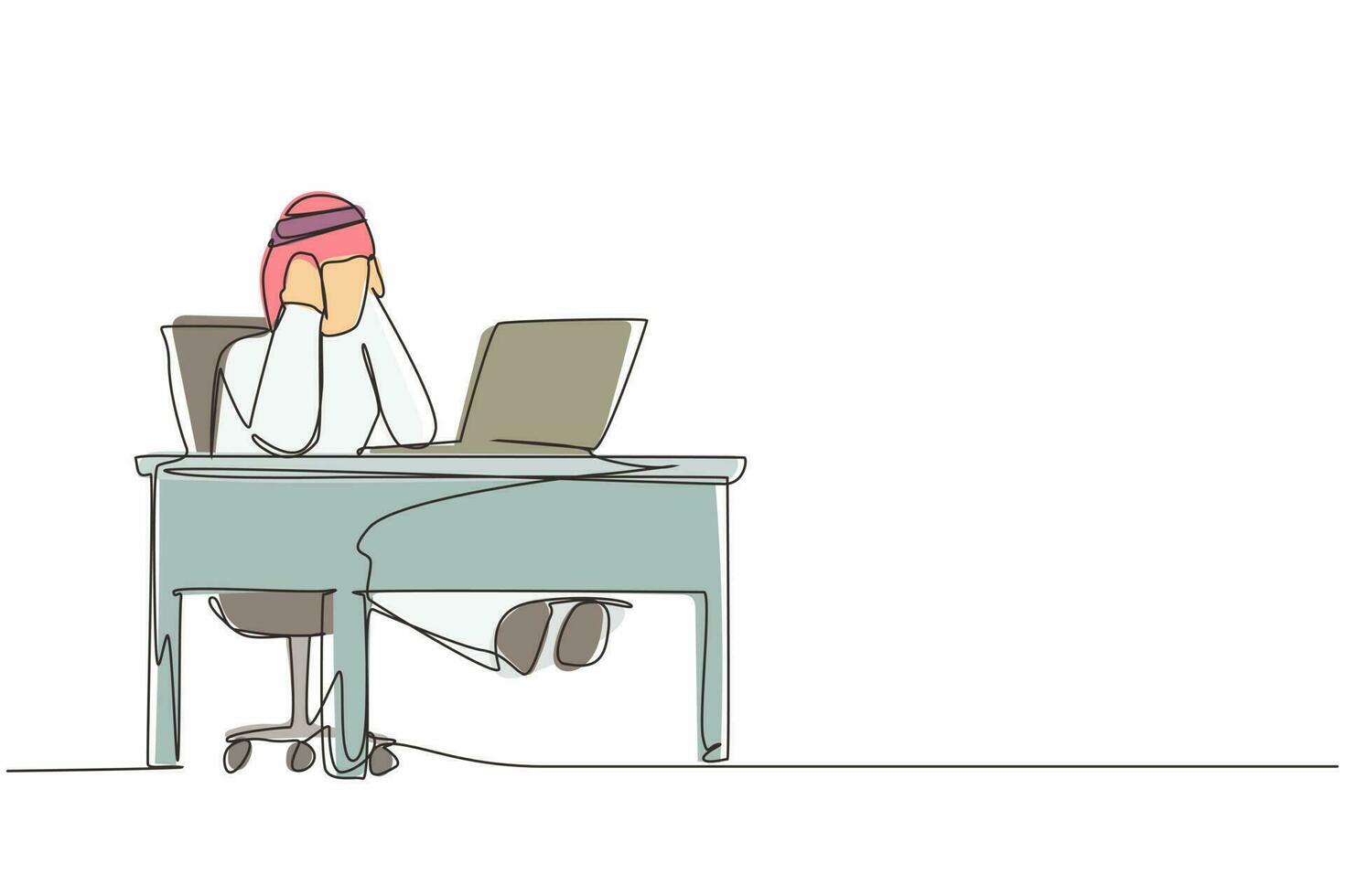 kontinuerlig en rad ritning trött kontorsarbetare man karaktär. arabiska manliga arbete på laptop mår dåligt. håll hans huvud. huvudvärk sjuk, utmattad, stressad, depression. enda linje design vektorgrafik vektor