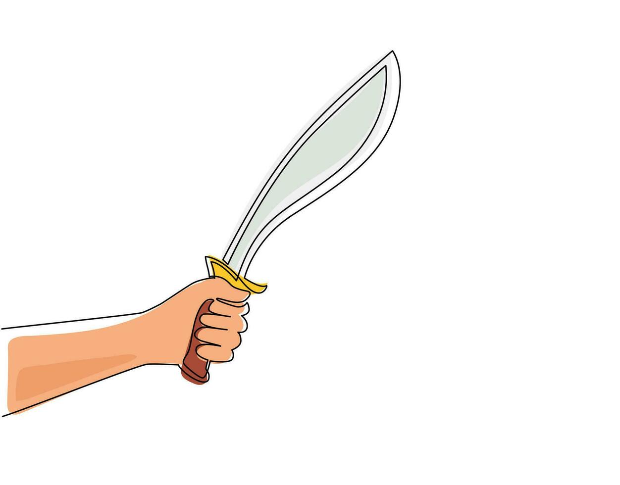 einzelne durchgehende Linie Zeichnung Mann Hand halten Macheten Messer mit gebogener Klinge. Machete landwirtschaftliches Instrument oder Symbol für die Gravur von Waffen. dynamische einzeilige abgehobene betragsgrafikdesign-vektorillustration vektor