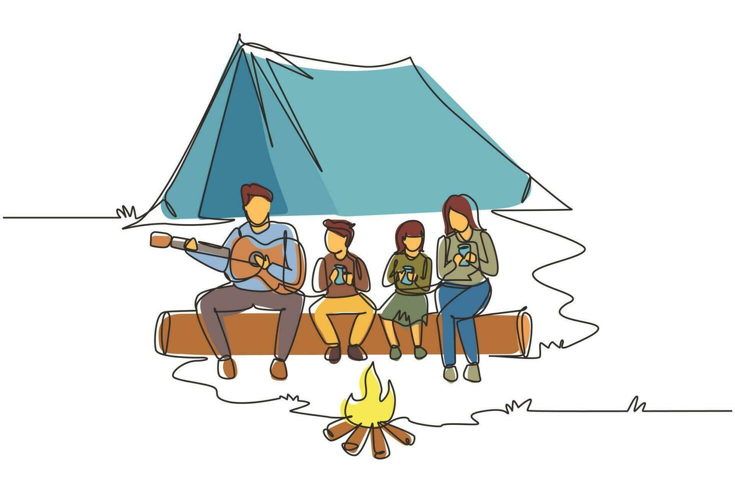 enda kontinuerlig linjeteckning äventyr vandrare familjen camping med brasa. dricker varmt te sittandes på stockar. pappa spelar gitarr och sjunger sång med barnet. en rad rita design vektorillustration vektor