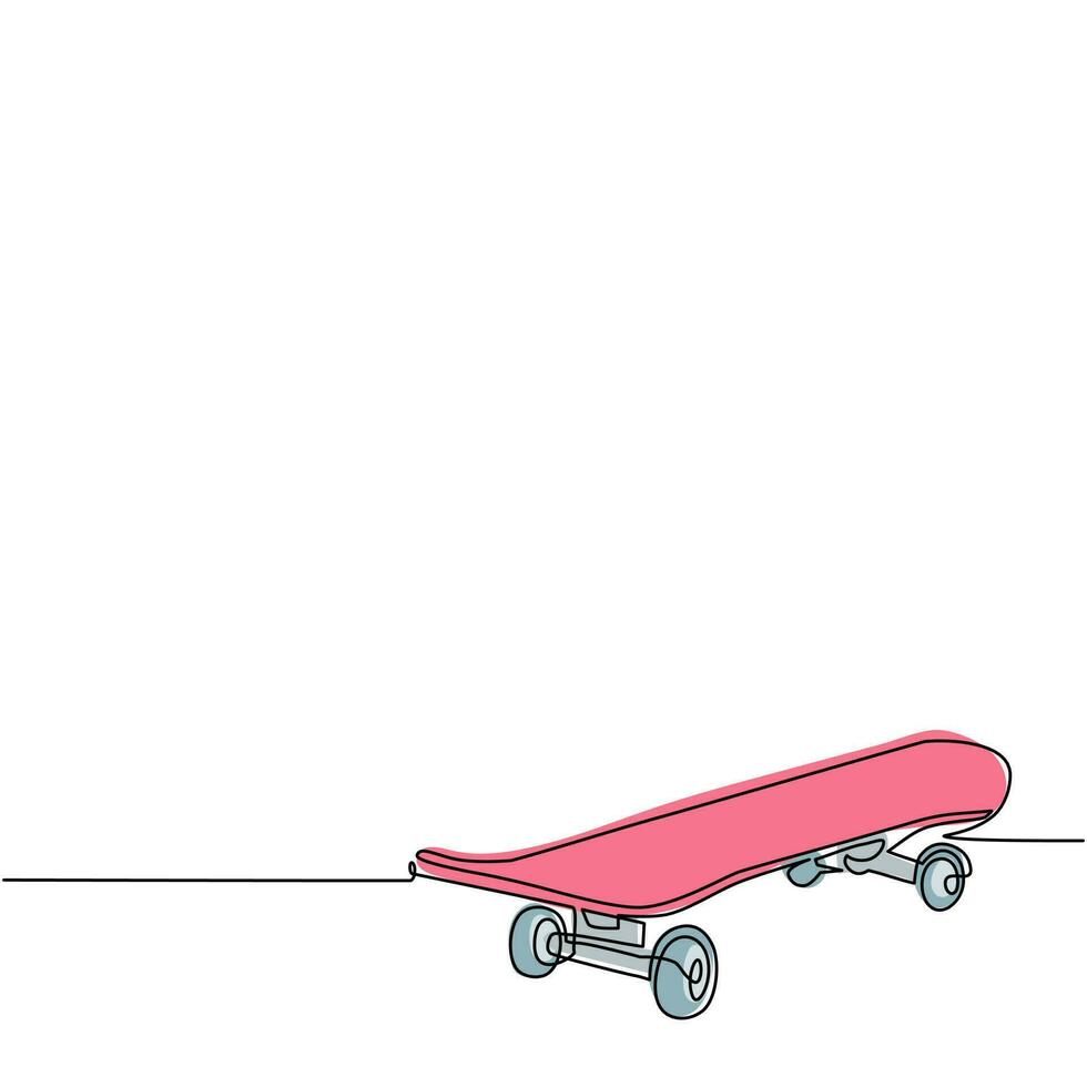 Single One Line Drawing Skateboard mit Rad für aktiven Lebensstil, Extremsport-Jugendaktivitäten, Balance Street Eco Transport. Skateboard, Longboard. ununterbrochene Linie zeichnen Design-Vektor-Illustration vektor